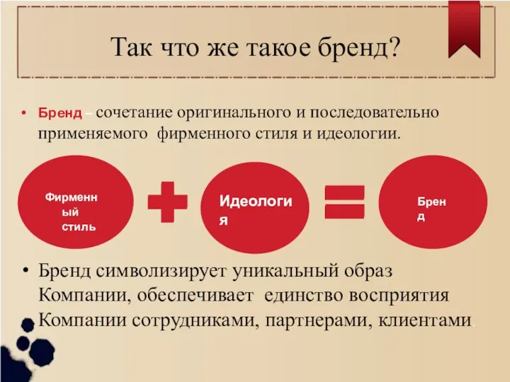 Бренд – сочетание оригинального и последовательно применяемого фирменного стиля и идеологии. Бренд