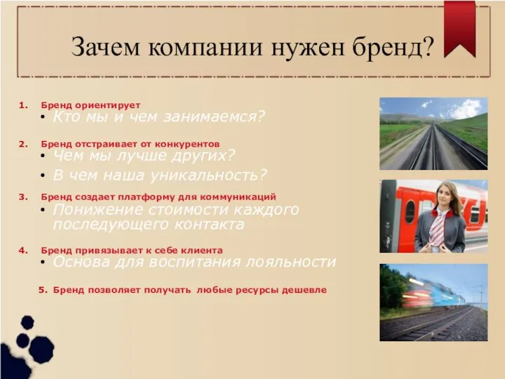 Зачем компании нужен бренд? 1. Бренд ориентирует Кто мы и чем занимаемся?