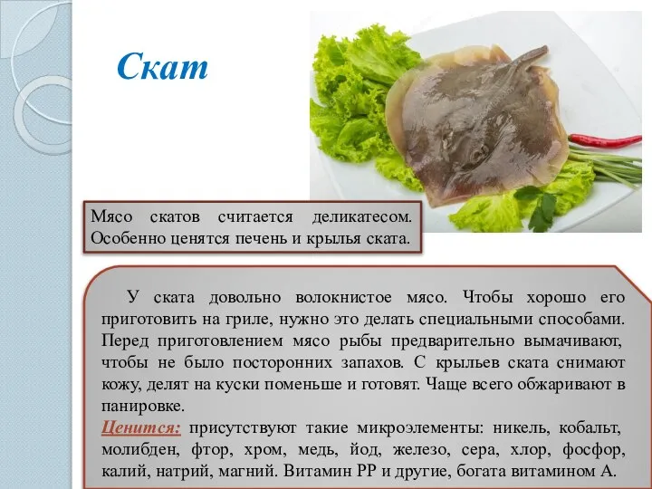 Скат У ската довольно волокнистое мясо. Чтобы хорошо его приготовить на гриле,