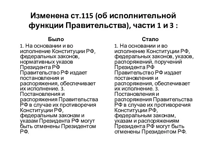 Изменена ст.115 (об исполнительной функции Правительства), части 1 и 3 : Было