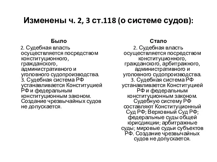 Изменены ч. 2, 3 ст.118 (о системе судов): Было 2. Судебная власть