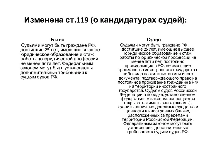 Изменена ст.119 (о кандидатурах судей): Было Судьями могут быть граждане РФ, достигшие