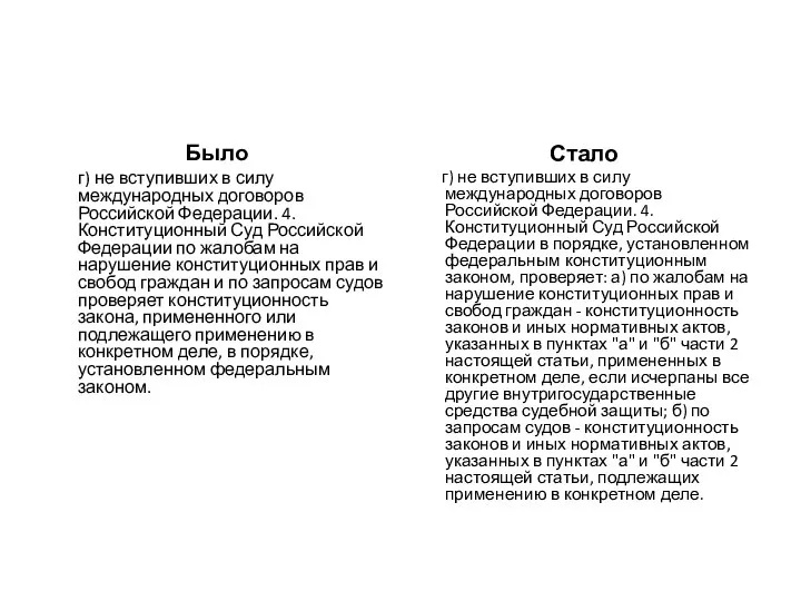 Было г) не вступивших в силу международных договоров Российской Федерации. 4. Конституционный