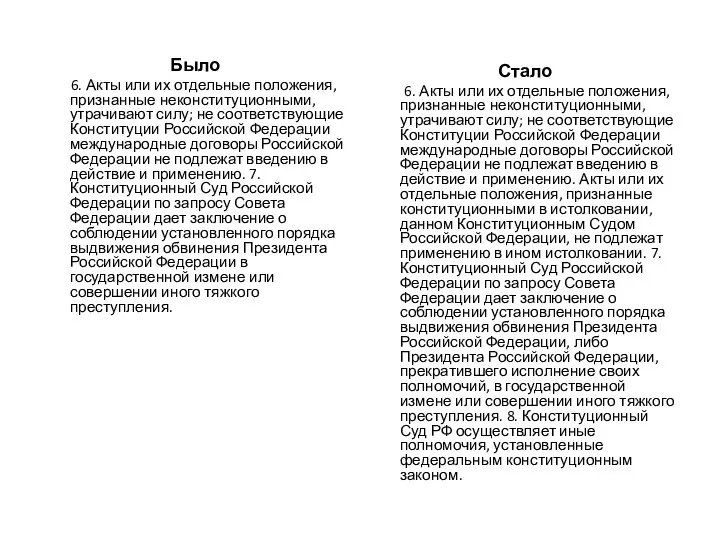 Стало 6. Акты или их отдельные положения, признанные неконституционными, утрачивают силу; не