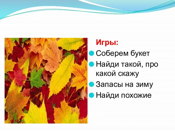 Игры: Соберем букет Найди такой, про какой скажу Запасы на зиму Найди похожие