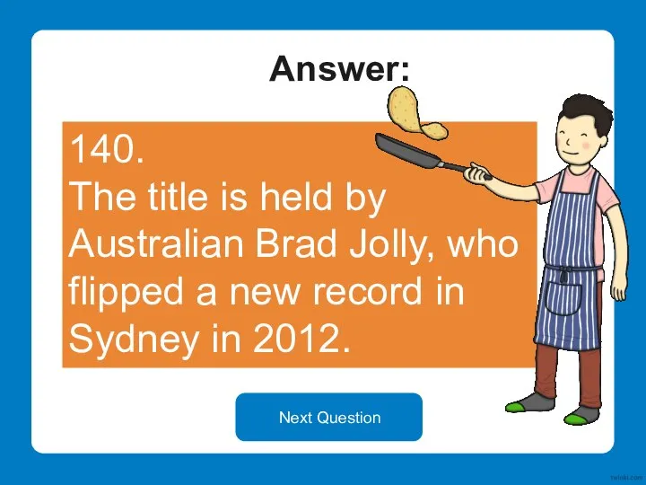 Answer: 140. The title is held by Australian Brad Jolly, who flipped
