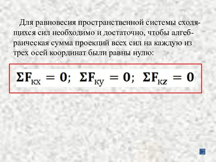 Для равновесия пространственной системы сходя- щихся сил необходимо и достаточно, чтобы алгеб-