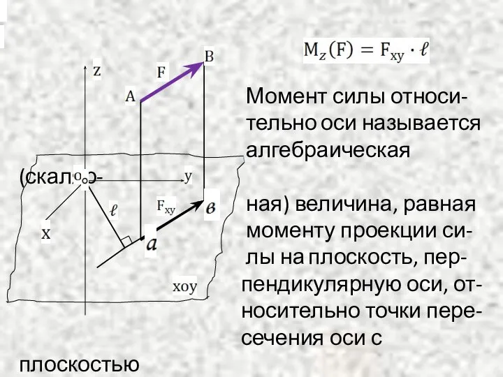 Момент силы относи- тельно оси называется алгебраическая(скаляр- ная) величина, равная моменту проекции