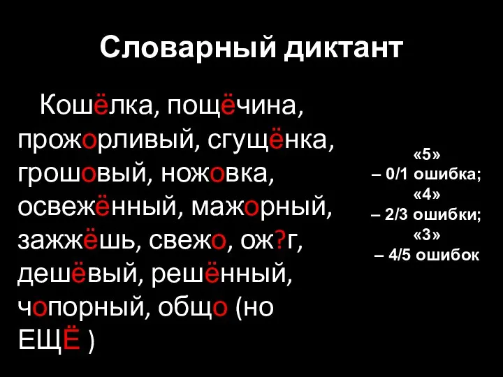 Словарный диктант Кошёлка, пощёчина, прожорливый, сгущёнка, грошовый, ножовка, освежённый, мажорный, зажжёшь, свежо,