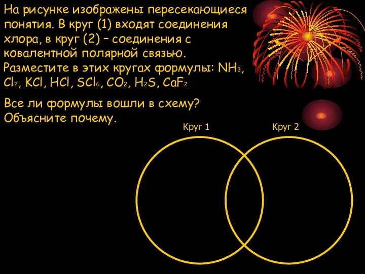 На рисунке изображены пересекающиеся понятия. В круг (1) входят соединения хлора, в