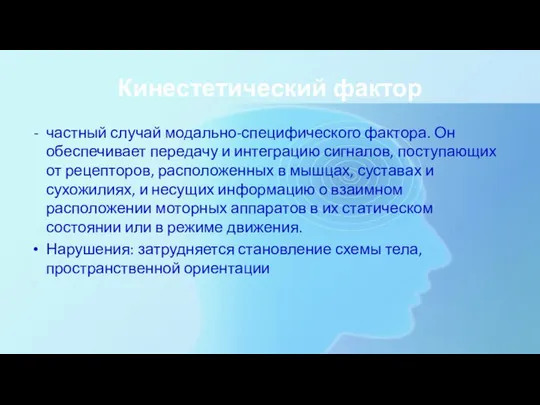 Кинестетический фактор частный случай модально-специфического фактора. Он обеспечивает передачу и интеграцию сигналов,