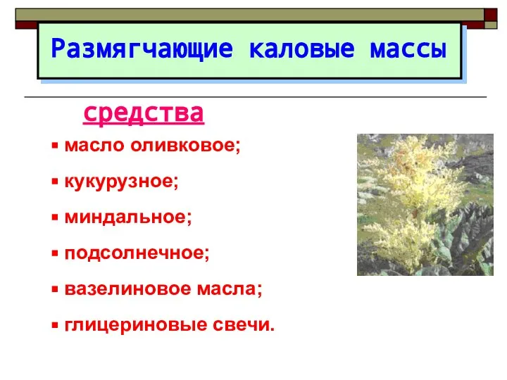 Размягчающие каловые массы средства масло оливковое; кукурузное; миндальное; подсолнечное; вазелиновое масла; глицериновые свечи.