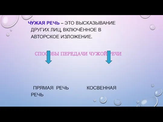 ЧУЖАЯ РЕЧЬ – ЭТО ВЫСКАЗЫВАНИЕ ДРУГИХ ЛИЦ, ВКЛЮЧЁННОЕ В АВТОРСКОЕ ИЗЛОЖЕНИЕ. СПОСОБЫ