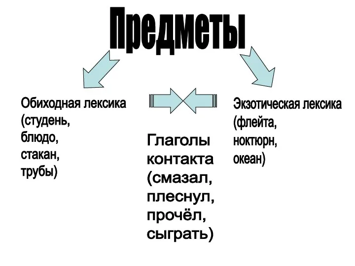 Предметы Обиходная лексика (студень, блюдо, стакан, трубы) Экзотическая лексика (флейта, ноктюрн, океан)