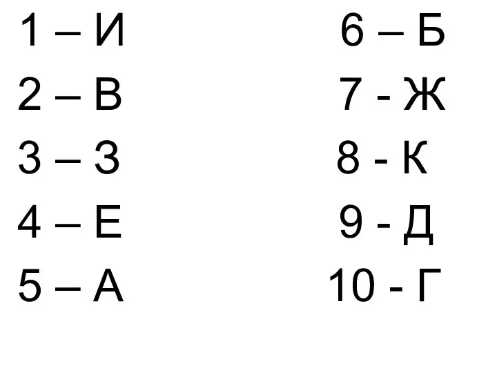 1 – И 6 – Б 2 – В 7 - Ж