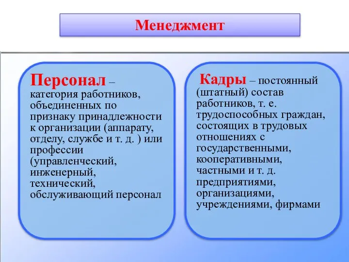 Персонал – категория работников, объединенных по признаку принадлежности к организации (аппарату, отделу,