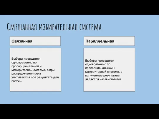 Смешанная избирательная система Связанная Параллельная Выборы проводятся одновременно по пропорциональной и мажоритарной