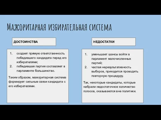 Мажоритарная избирательная система ДОСТОИНСТВА НЕДОСТАТКИ создает прямую ответственность победившего кандидата перед его