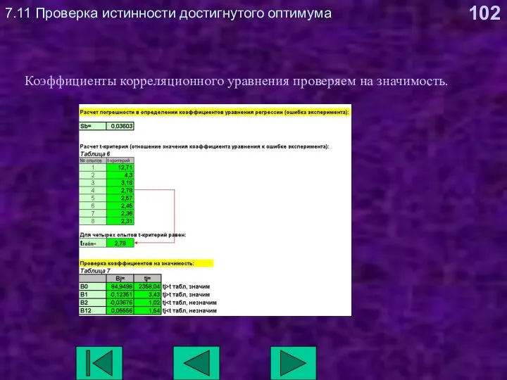 7.11 Проверка истинности достигнутого оптимума Коэффициенты корреляционного уравнения проверяем на значимость.