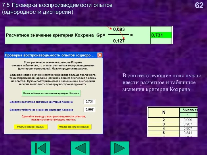 7.5 Проверка воспроизводимости опытов (однородности дисперсий) В соответствующие поля нужно ввести расчетное