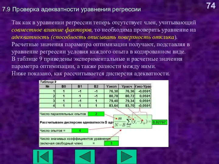 7.9 Проверка адекватности уравнения регрессии Так как в уравнении регрессии теперь отсутствует