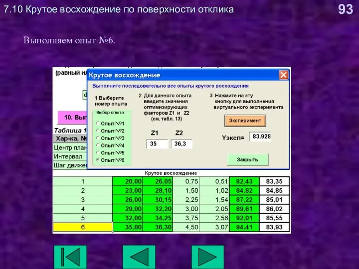 7.10 Крутое восхождение по поверхности отклика Выполняем опыт №6.