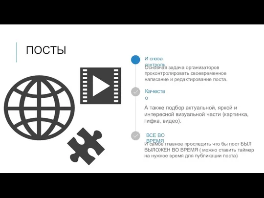 ПОСТЫ И снова контроль Основная задача организаторов проконтролировать своевременное написание и редактирование