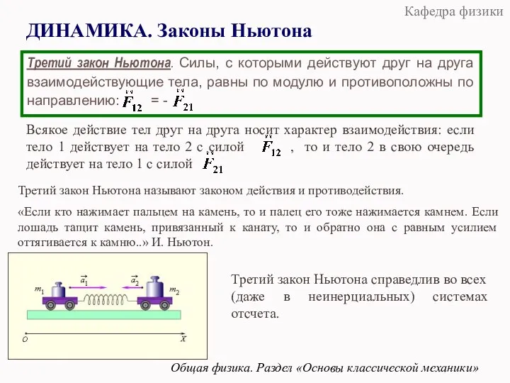 ДИНАМИКА. Законы Ньютона Общая физика. Раздел «Основы классической механики» Кафедра физики Третий