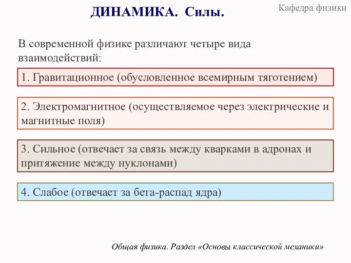 ДИНАМИКА. Силы. Общая физика. Раздел «Основы классической механики» В современной физике различают