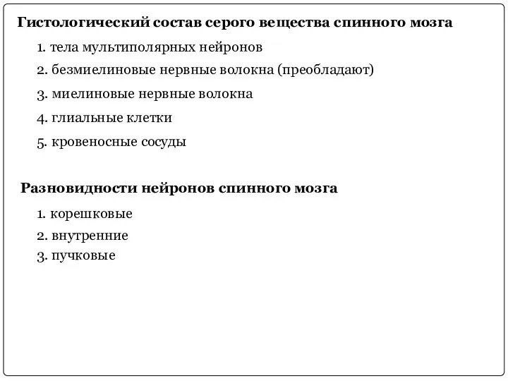 Гистологический состав серого вещества спинного мозга 1. тела мультиполярных нейронов 2. безмиелиновые