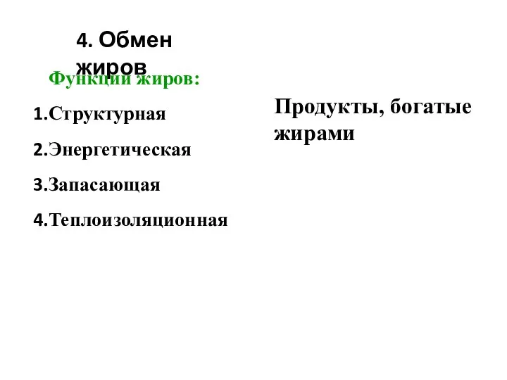 4. Обмен жиров Продукты, богатые жирами Функции жиров: Структурная Энергетическая Запасающая Теплоизоляционная