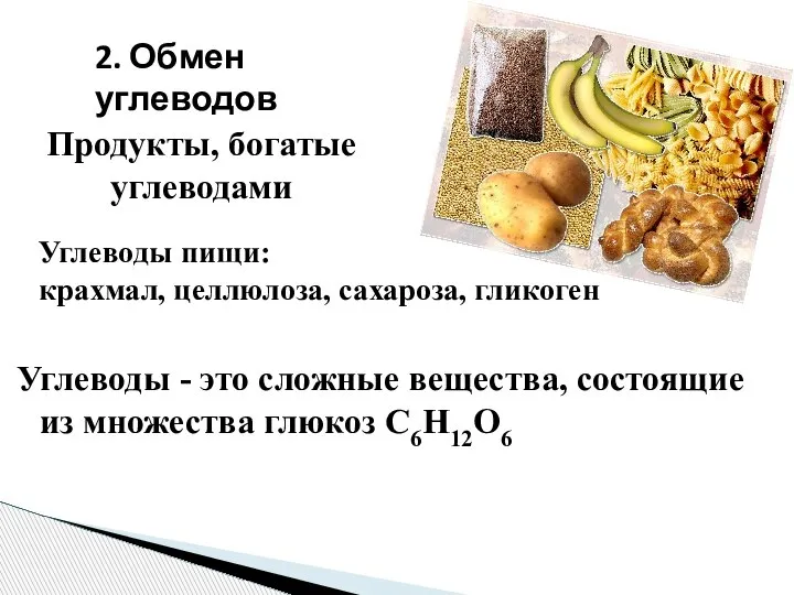 Углеводы - это сложные вещества, состоящие из множества глюкоз C6H12O6 2. Обмен