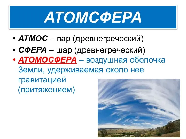 АТОМСФЕРА АТМОС – пар (древнегреческий) СФЕРА – шар (древнегреческий) АТОМОСФЕРА – воздушная