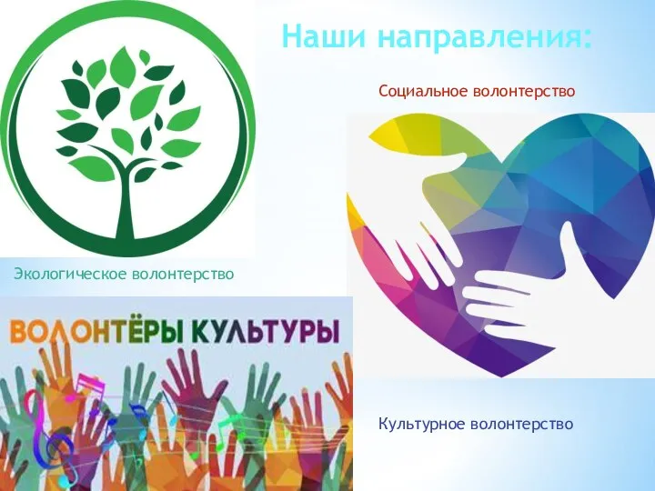 Наши направления: Экологическое волонтерство Социальное волонтерство Культурное волонтерство