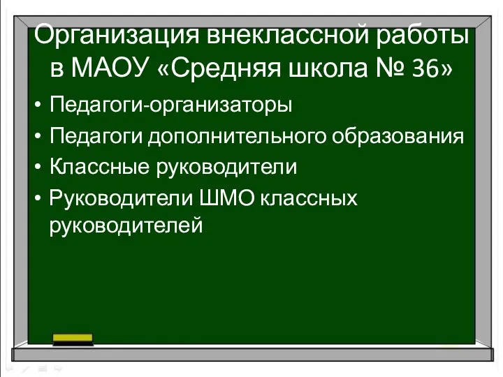 Организация внеклассной работы в МАОУ «Средняя школа № 36» Педагоги-организаторы Педагоги дополнительного