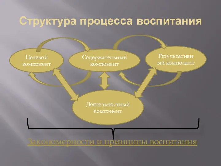 Структура процесса воспитания Закономерности и принципы воспитания Целевой компонент Содержательный компонент Результативный компонент Деятельностный компонент