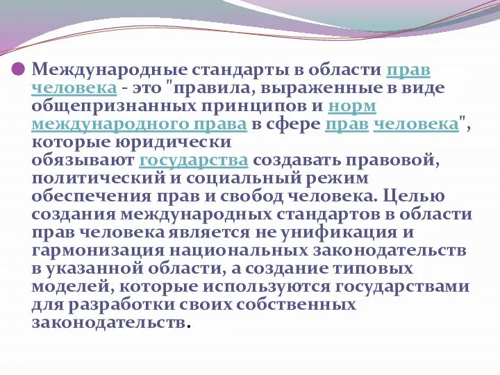 Международные стандарты в области прав человека - это "правила, выраженные в виде