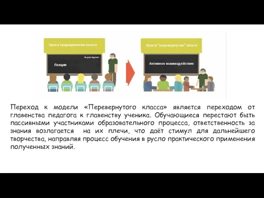 Переход к модели «Перевернутого класса» является переходом от главенства педагога к главенству