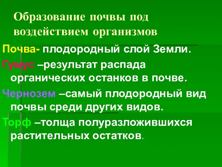 Образование почвы под воздействием организмов Почва- плодородный слой Земли. Гумус –результат распада