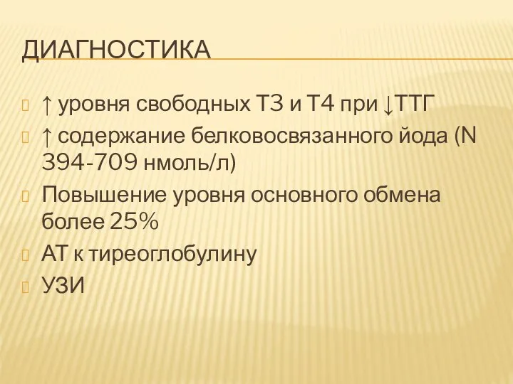 ДИАГНОСТИКА ↑ уровня свободных Т3 и Т4 при ↓ТТГ ↑ содержание белковосвязанного