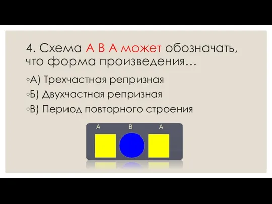 4. Схема А В А может обозначать, что форма произведения… А) Трехчастная