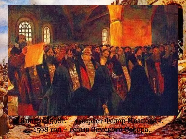 Январь 1598г. – умирает Федор Иванович. 1598 год – созыв Земского Собора.