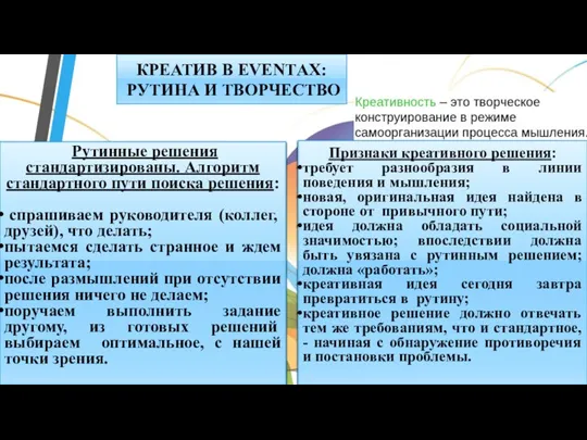 КРЕАТИВ В EVENTАХ: РУТИНА И ТВОРЧЕСТВО Рутинные решения стандартизированы. Алгоритм стандартного пути