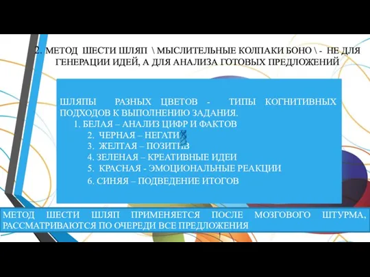 ШЛЯПЫ РАЗНЫХ ЦВЕТОВ - ТИПЫ КОГНИТИВНЫХ ПОДХОДОВ К ВЫПОЛНЕНИЮ ЗАДАНИЯ. 1. БЕЛАЯ