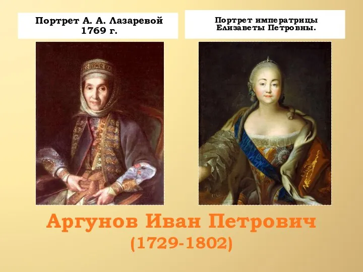 Аргунов Иван Петрович (1729-1802) Портрет А. А. Лазаревой 1769 г. Портрет императрицы Елизаветы Петровны.