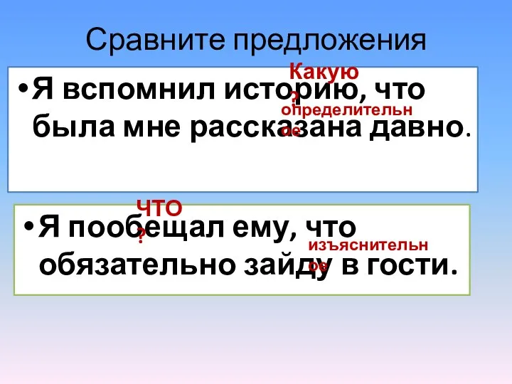 Сравните предложения Я вспомнил историю, что была мне рассказана давно. Я пообещал