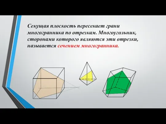 Секущая плоскость пересекает грани многогранника по отрезкам. Многоугольник, сторонами которого являются эти отрезки, называется сечением многогранника.