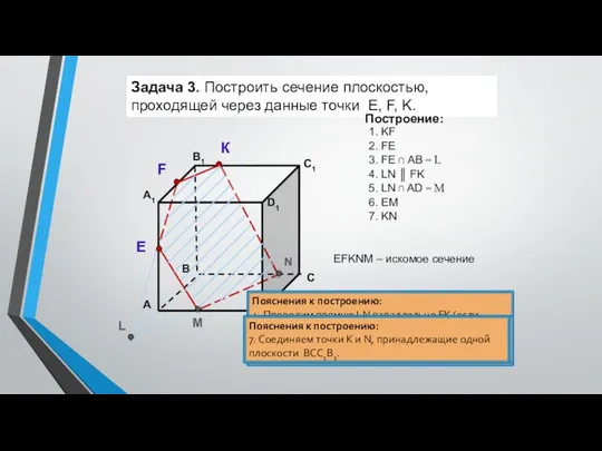 Пояснения к построению: 1. Соединяем точки K и F, принадлежащие одной плоскости