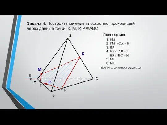 А В С S Задача 4. Построить сечение плоскостью, проходящей через данные