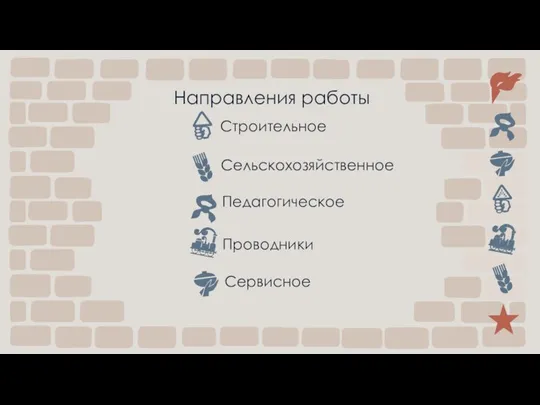 Направления работы Строительное Сельскохозяйственное Педагогическое Сервисное Проводники